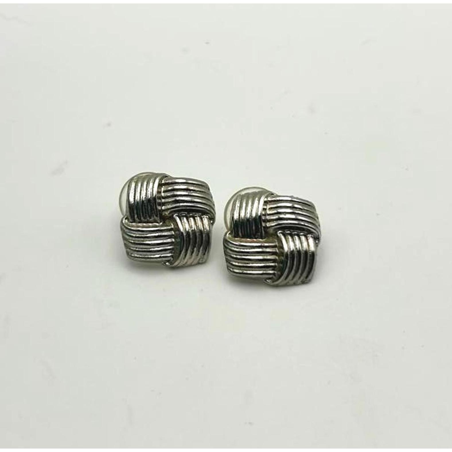 Vintage 80s Earrings Silver Tone Woven Knot Pierced Retro Jewelry